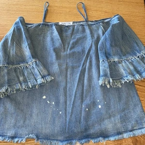 Bissige Schildkrötenbluse schulterfrei, distressed, Denim, süß 1/2 Arm Gr. M - Bild 1 von 8