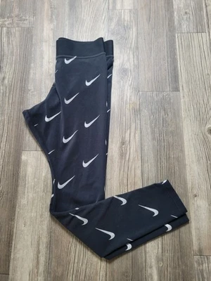 Nike Leggings Womens Medium Black White Swoosh Logo Athletic Stretch Pants Gym - Image 1 of 4