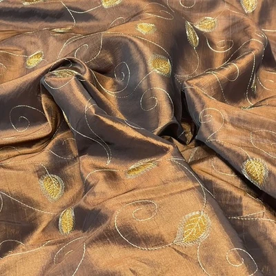 LUXUS Emb Taft Stoff Pazifik Blumen Blätter Brautkleid Vorhang 60", BRAUN - Bild 1 von 4