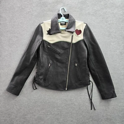 VINTAGE Scotch & Soda Women Jacket S  The Cat Felix Embroidery Moto Cow Leather - Image 1 of 4
