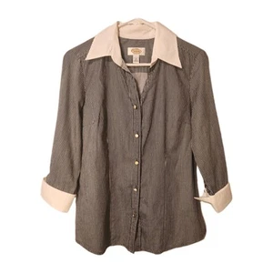 Talbots Black & White Pinned Stripped Womens Blouse Small Cuff Sleeve Cotton - Picture 1 of 12