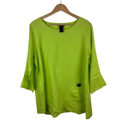 Ali Miles 100% Linen Tunic Top Sz Large Lime Green Artsy Coastal Resort Beachy - Image 1 of 4