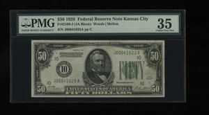 DBR 1928 $50 Kansas City Numeral Fr. 2100-J PMG 35 Serial J00041625A - Picture 1 of 2