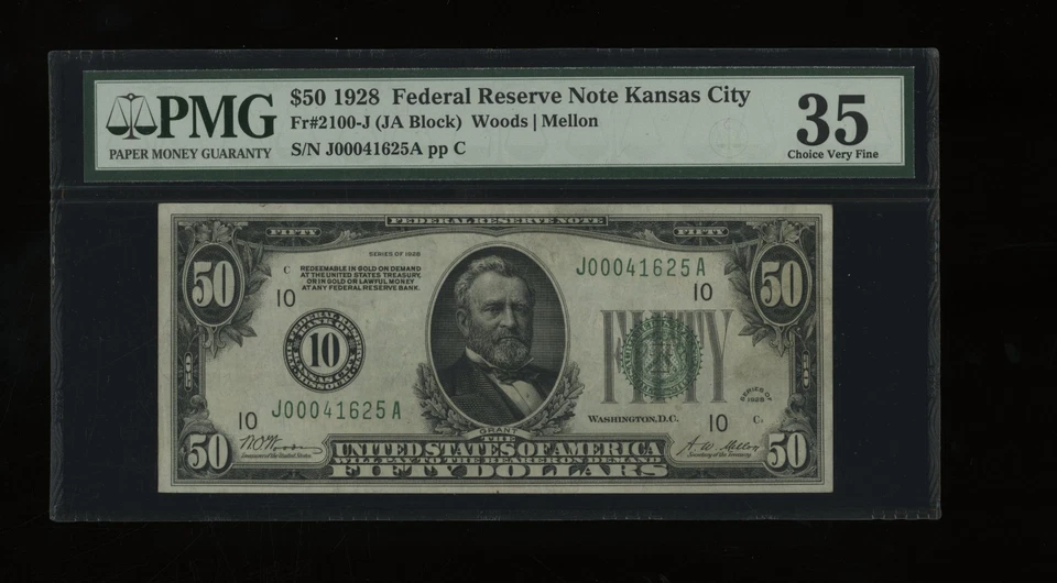 DBR 1928 $50 Kansas City Numeral Fr. 2100-J PMG 35 Serial J00041625A - Image 1 of 2