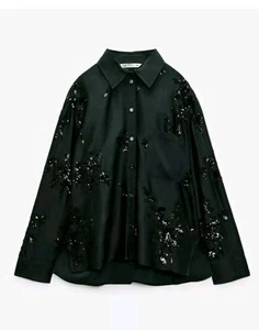 Zara Grey Sequin Blouse Shirt Size L Large 12 14 - Picture 1 of 3