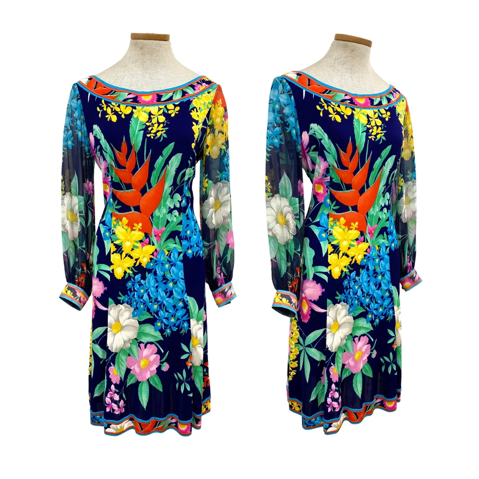 Vestido Floral Tropical Jersey Transparente Firmado Leonard Of Paris De Colección Años 90 Foto 1 de 4