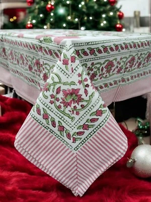 Hand Block Print India Tablecloth 100%Cotton Floral Rectangular Pink 60*90 Inch - Image 1 of 4