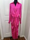 Mable Barbie Pink Silky Button Up Front Tie Midi Dress Roll Up Sleeve  EUC Sz M