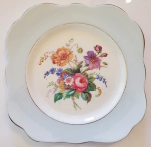 VTG Colclough Bone China Plate 7.5" Square Scalloped Gold Floral LIGHT BLUE - Picture 1 of 5