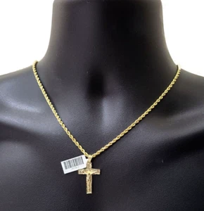 Real 10k Yellow Gold Jesus Cross Charm Rope Chain Necklace 3mm 24'' Pendant 10kt - Picture 1 of 10
