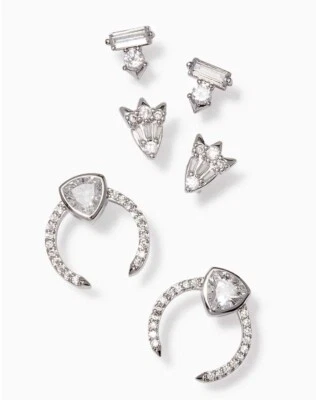 Stella & Dot 银色 STUD 三重耳环 3 对 CZ 闪耀 全新带盒 — 第 1/4 张图片