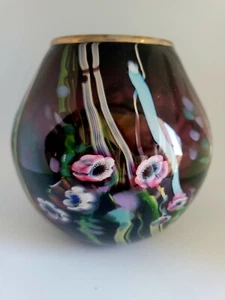 Jarrón vintage Jim Bush redondo soplado a mano millefiori floral amatista arte cuenco de vidrio - Imagen 1 de 12