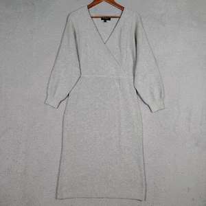 Banana Republic Midi Sweater Dress Womens Large Petite Gray Ribbed Surplice Neck - Picture 1 of 11