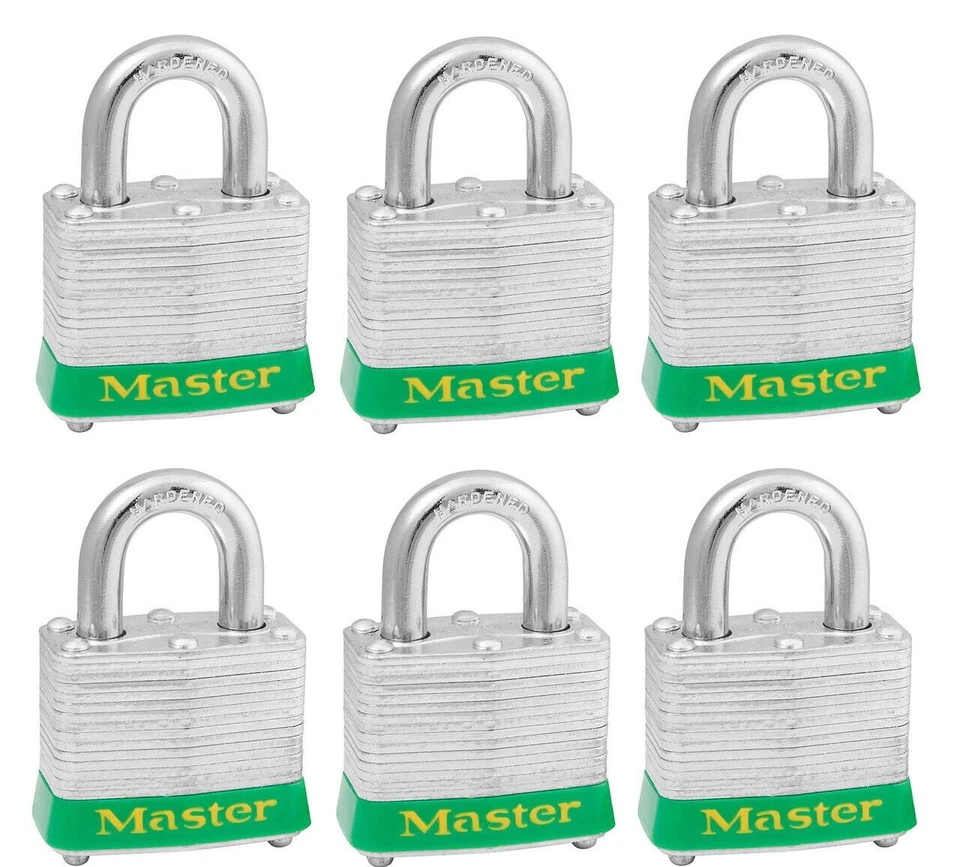 (6MCH5) 3KAS6GRN Padlock, Green Bumper Set of 6 Keyed alike with 2 keys per set - Image 1 of 1