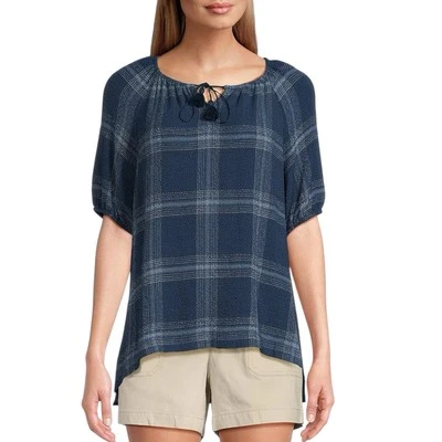 NEW Westbound Top Elbow Puff Sleeve Tie Neck Plaid  Blue Womens Plus Size 3X - Image 1 of 4