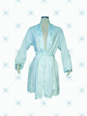 CLASSIC ELEMENTS Aqua FLORAL Embroidered Robe FLANNEL Lined Women's Medium - Image 1 of 4