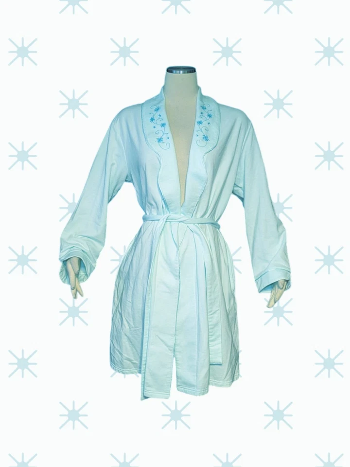CLASSIC ELEMENTS Aqua FLORAL Embroidered Robe FLANNEL Lined Women's Medium - Image 1 of 4