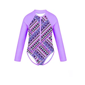 Kid Girl One-piece Long Sleeves Swimsuits Palm Printed Zippered Bathing Suits - Picture 1 of 54