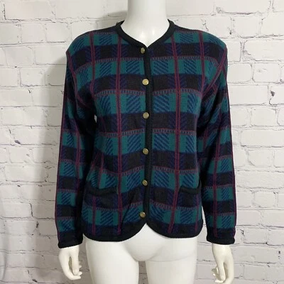 Cárdigan suéter Tally Ho Creation para mujer M verde botón a cuadros años 80 vintage Foto 1 de 4