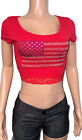 USA Flag Bling Cropped Top Lace Trim Low Cut Top S/S New S July 4 Th Party Rally