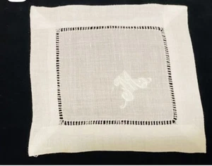 6" Hemstitch Cocktail Napkins - 100% Linen - White - Coaster Monogram "M" Blank - Picture 1 of 6