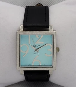 Ladies CTNY Square Silver Tone Case Blue Dial Black Leather Band Analog Watch K5 - Picture 1 of 9