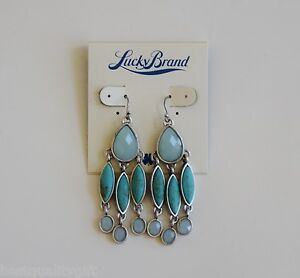 NEW-LUCKY BRAND SILVER TONE+FAUX TURQUOISE,BLUE+TEAL WOMENS FISH HOOK EARRINGS