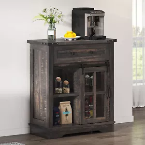Farmhouse Coffee Bar Cabinet Kitchen Sideboard Buffet w/Drawer Sliding Barn Door - Picture 1 of 7