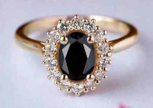 2.40CT Oval Lab Created Black Diamond Halo Wedding Ring 14K Yellow Gold Plated - Picture 1 of 11