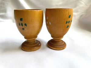 2 Antique Vintage Handmade Hand Painted Primitive Wood Wooden Egg Cups With Dots - Picture 1 of 7