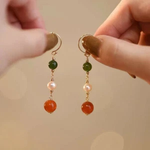 natural AAA white Pearl green jade Earrings 14K YELLOW GOLD - Picture 1 of 6