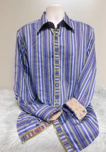 Vintage Robert Graham Purple Blue Green Stripe Flip Cuff Shirt Men’s Large - Picture 1 of 11
