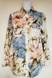 Chico's Womens Size 0 Button Shirt Tan Pink Blue Floral Long Sleeve Polyester - Picture 1 of 4