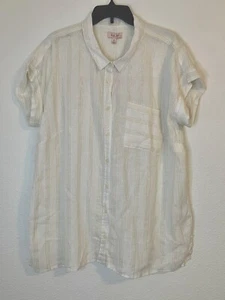 Per Se White W Gold Thread Button Down Cuffed Short Sleeve Tunic Blouse 1X New - Picture 1 of 10
