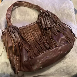 B. Makowsky Brown Leather Fringe Shoulder Bag/Purse HOBO Style - Picture 1 of 20