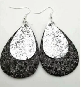 Bohemian Teardrop Silver & Black Glitter Earrings Layer Fish Hook Boho - Picture 1 of 1