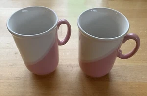 Vintage Pair EIT Ltd England Mugs Pink and White Stoneware Excellent - Picture 1 of 5