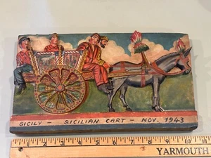WWII US Army Trench Folk Art Sicily Invasion carved plaque horse cart 1943 - Picture 1 of 8