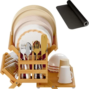 Dish Drying Rack with Utensil Holder, 3 Tier Collapsible Dish Rack, Wooden - Picture 1 of 11