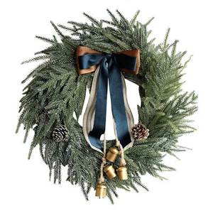 Norfolk Pine Wreath with Bells and Ribbon - Artificial Pine Greenery Christmas - Picture 1 of 12