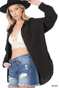ZENANA Button Up Shirt Oversized Raw Edge 100% Cotton Woven - Picture 1 of 5