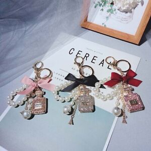 Pearl Perfume Bottle Keychain Car Key Ring Holder Bag Charm Pendant Access q