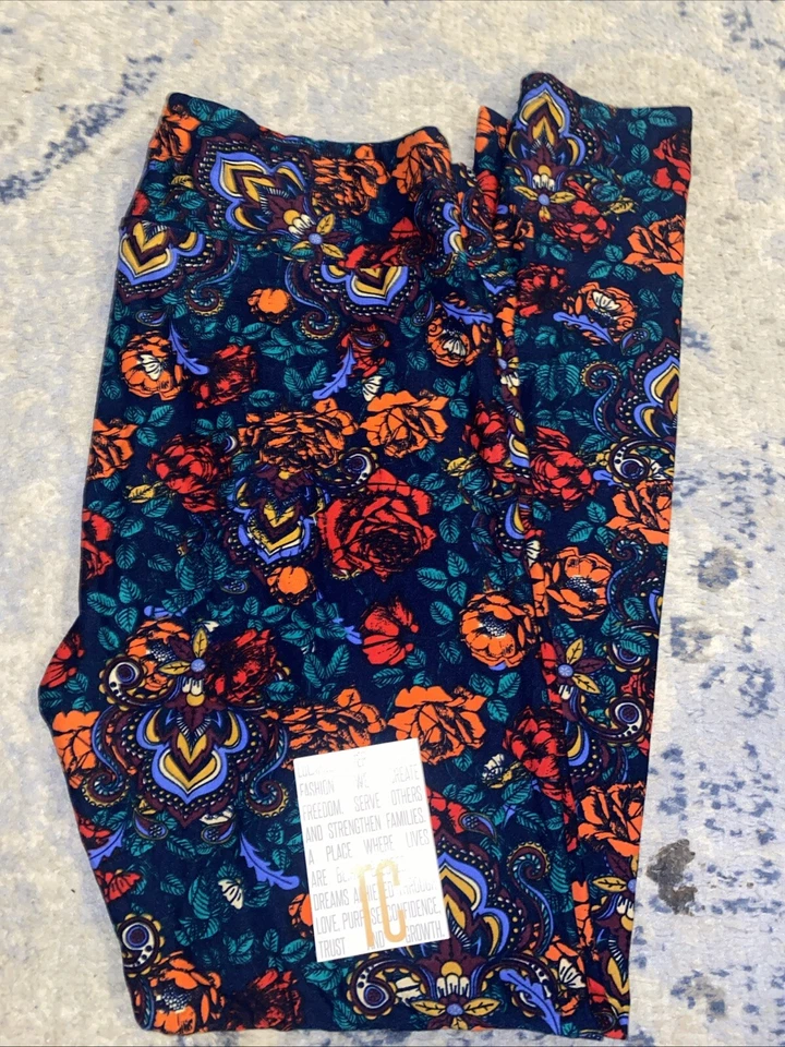 Leggings LuLaRoe TC Damasco Flor De Lis Rojo Naranja Rosas en Azul Marino, Nuevos sin Etiquetas Hermosos Foto 1 de 4