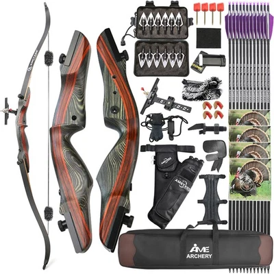 62" Takedown Recurve Bow 20-50lbs Archery Hunting Wooden Arrow Shooting Target - Image 1 of 4