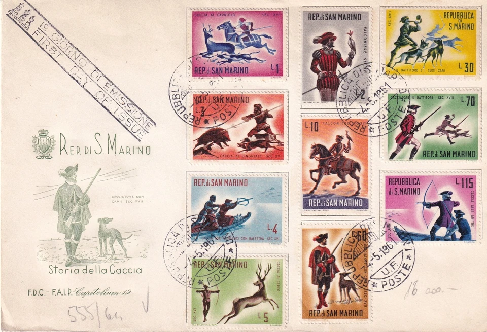 SAN MARINO 1961 - STORIA DELLA CACCIA BUSTA FDC FIRST/DAY PRIMO GIORNO CAPITOLIU Foto 1 de 1