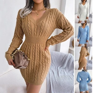 Solid Color V-Neck Long Sleeve Knit Dress Ins Fashion Slim Waisted Hip Dress Wom - Picture 1 of 7