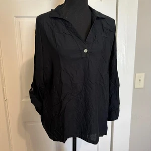 Y2k Vtg Black Pullover Tunic Top Roll-Tab Sleeve Pocket Collared Casual Blouse - Picture 1 of 9