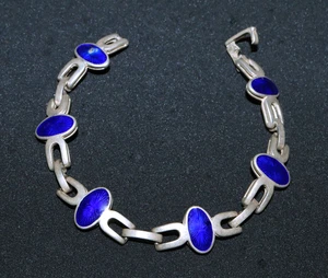 Blue Guilloche Star Spray Enamel Cabochons on Unbranded Silver Pewter Bracelet 7 - Picture 1 of 8