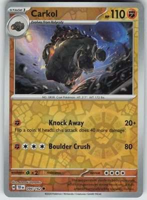 Pokemon Carkol 094/162 SV05: Temporal Forces Common NM - Image 1 of 2