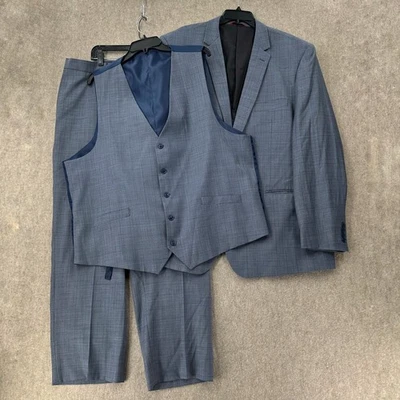Linea Uomo Mens 3 Piece Suit Blue Windowpane Blazer 50L Pants 45X28 Vest 50L - Image 1 of 4